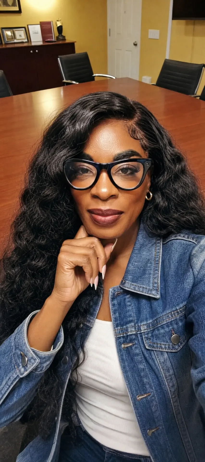 Raye Patrice in a denim jacket and black glasses at a conference table, hand resting by her chin